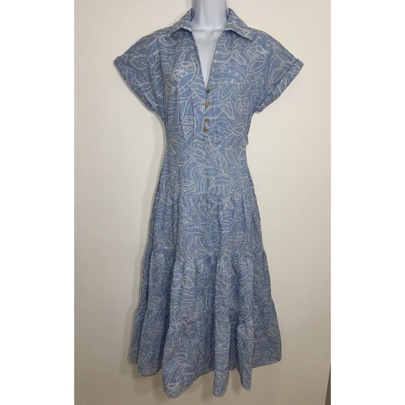 Zara Blue White Embroidered Eyelet Ruffled Tiered Midi Dress Women Small NWT